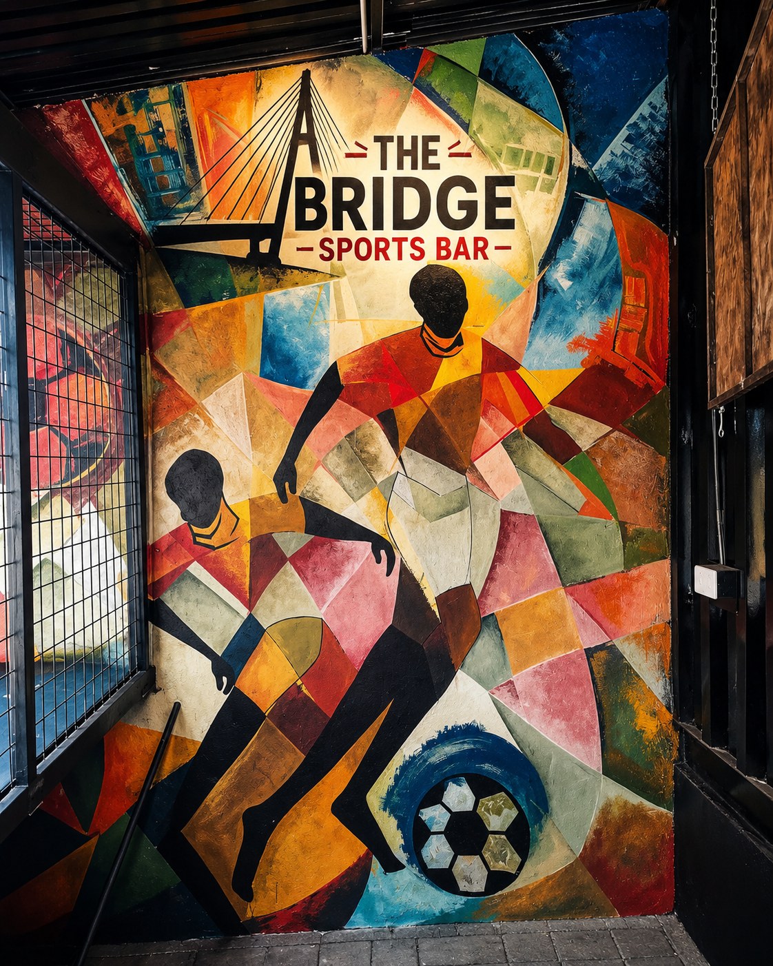 Football-themed mural at Bridge Sports Bar
